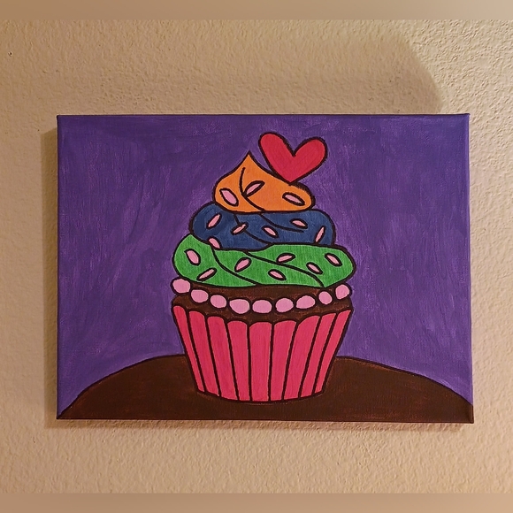 Handmade Other - 9x12 Hand Painted Cupcake Canvas Art Pop Art Heart Signed A.R. Melton 2026 NEW